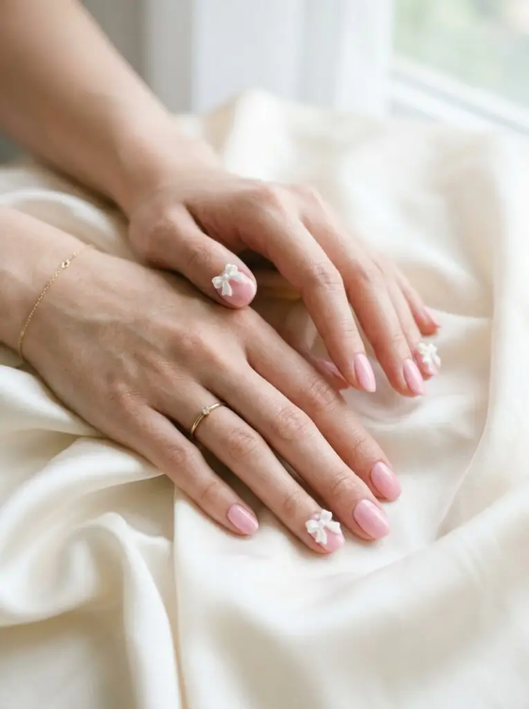 3D coquette bow nail charms on pink base.