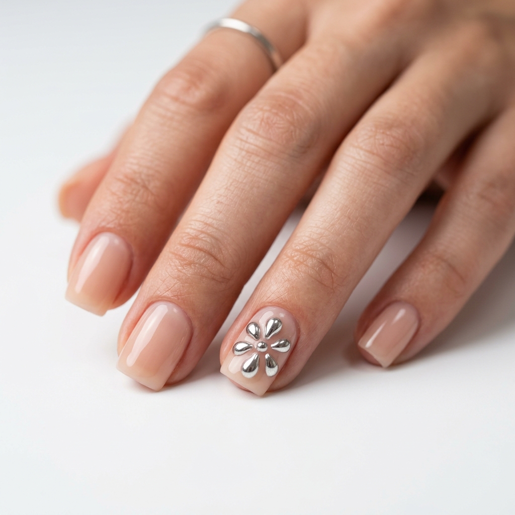 3D silver chrome floral manicure trends for spring.