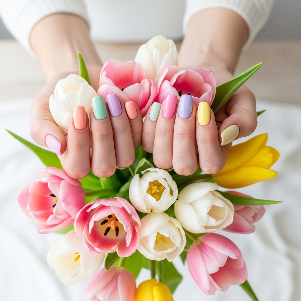 Colorful mismatched skittle style easter nails holding tulips.