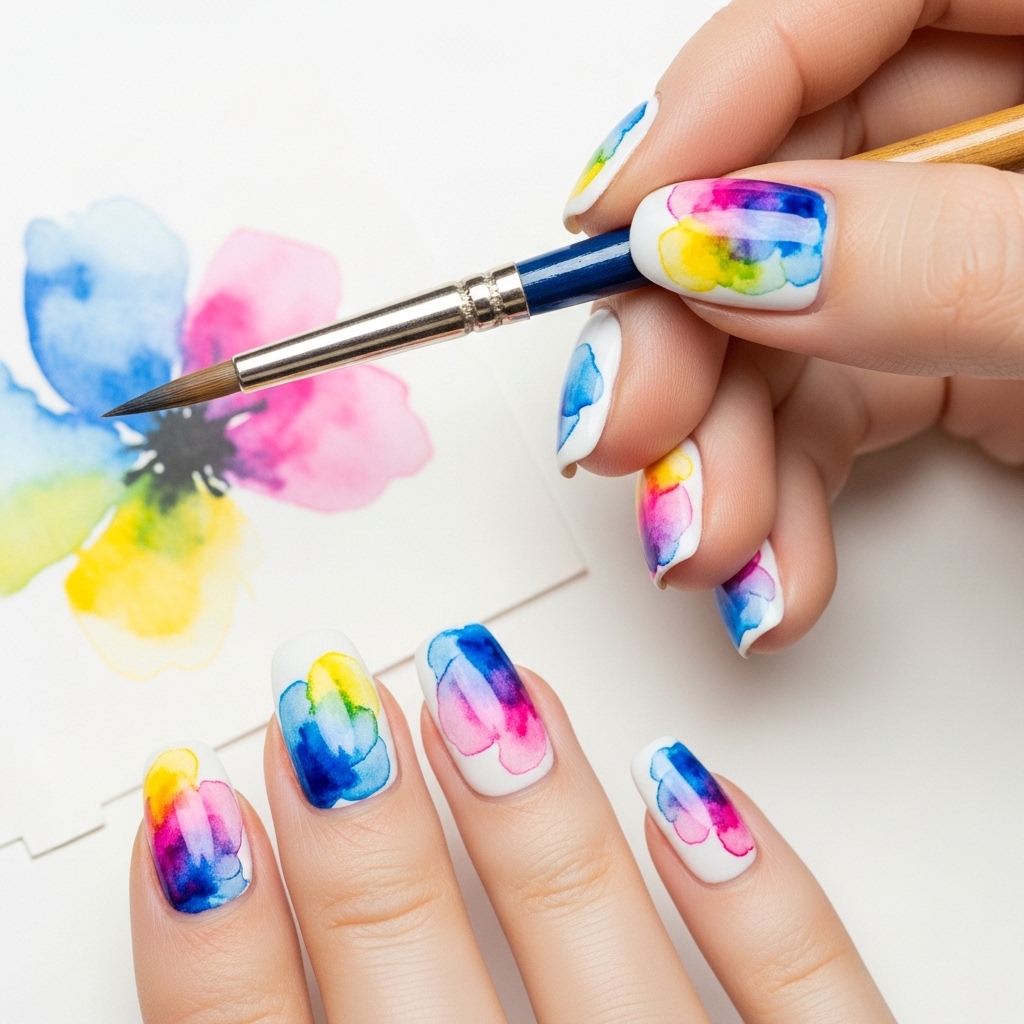 Creative watercolor floral easter nails with soft bleeding colors.