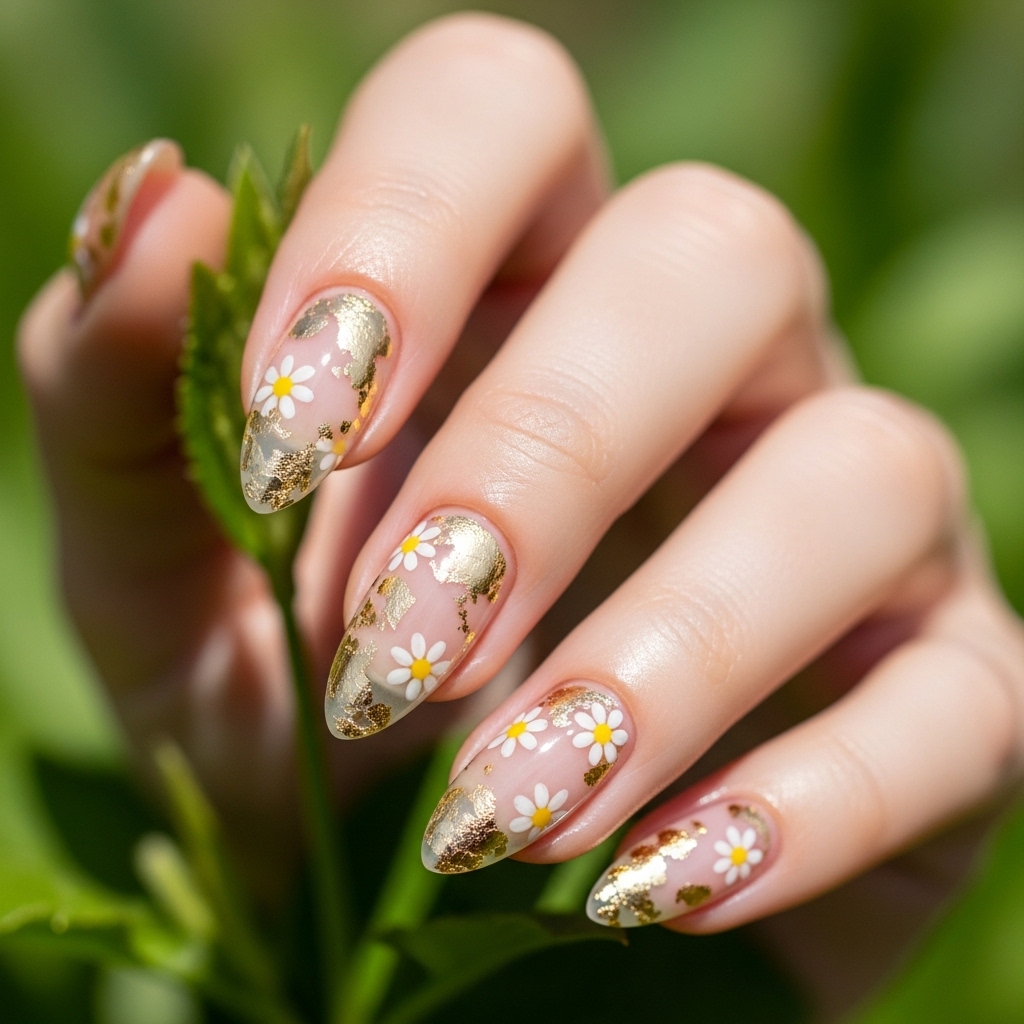 Elegant gold leaf and daisy easter nails in a garden setting.