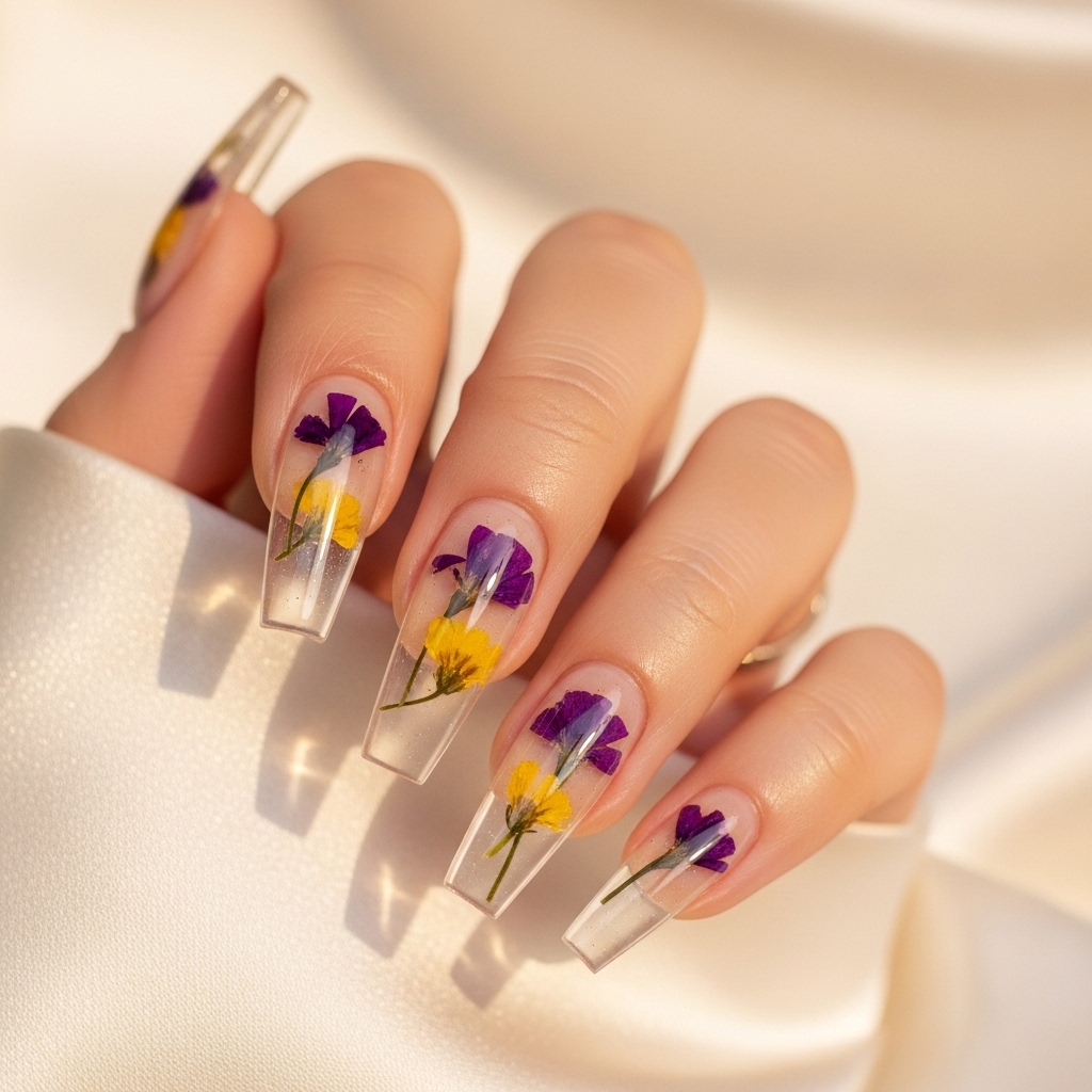 Long coffin easter nails with real encapsulated dried flowers.