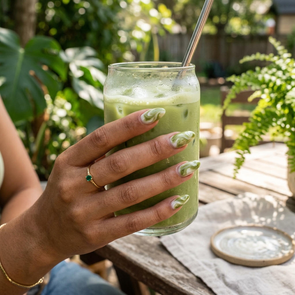 Matcha latte swirl gel art to try after looking up nails near me.