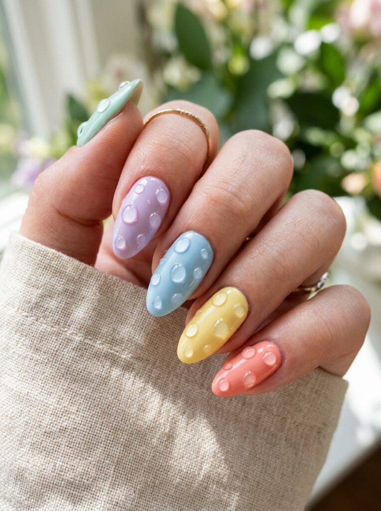 Matte blue speckled egg manicure for a trendy easter look.
