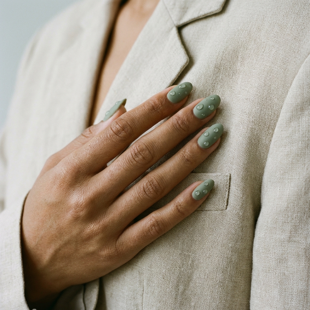 Matte green nails with 3D water droplets to show your tech after searching nails near me.