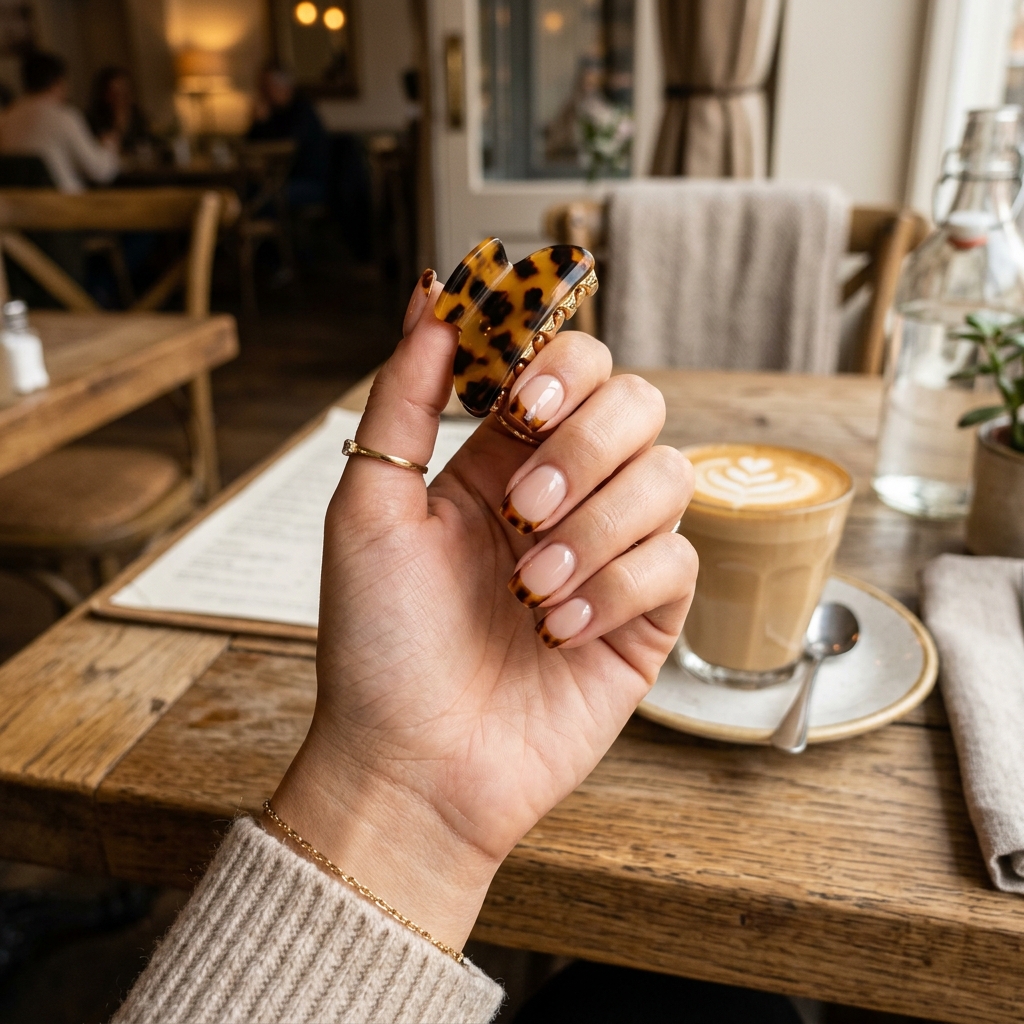 Micro tortoiseshell French tips are a top request when hunting for nails near me.