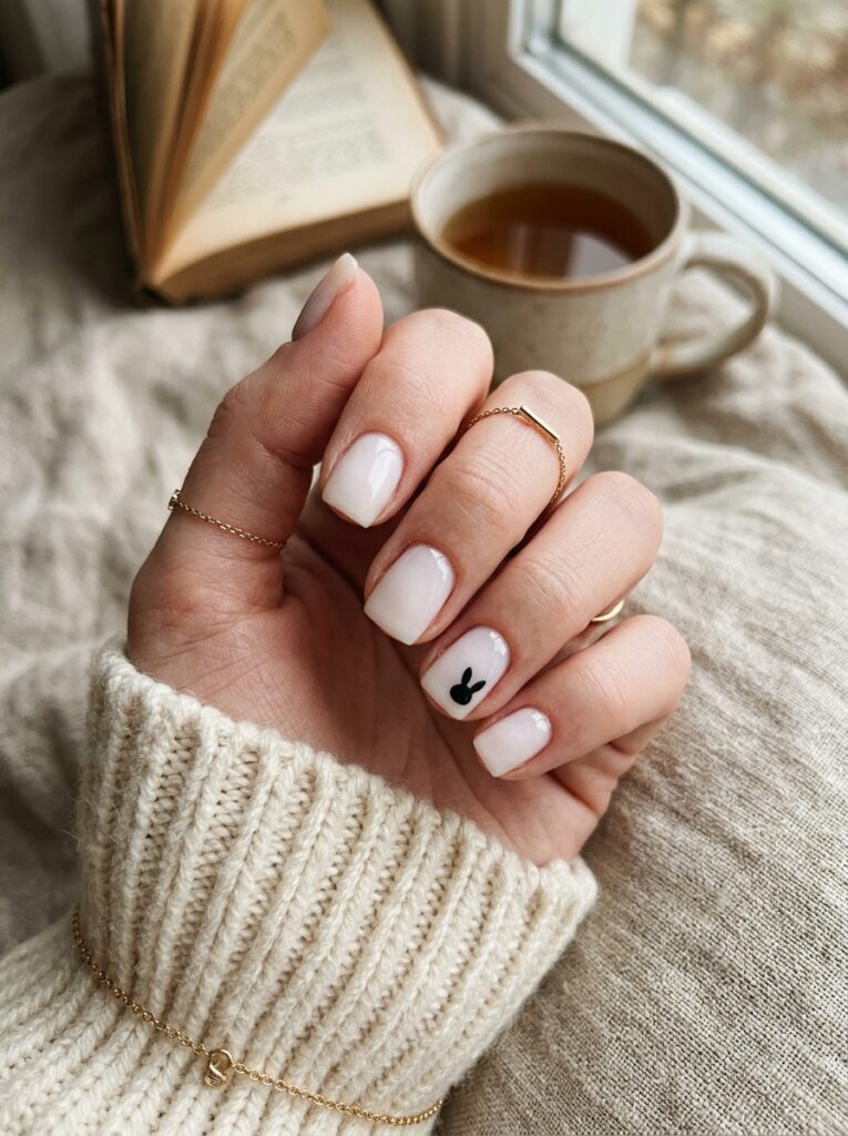 Milky nails with asymmetrical multi-colored pastel french tips.