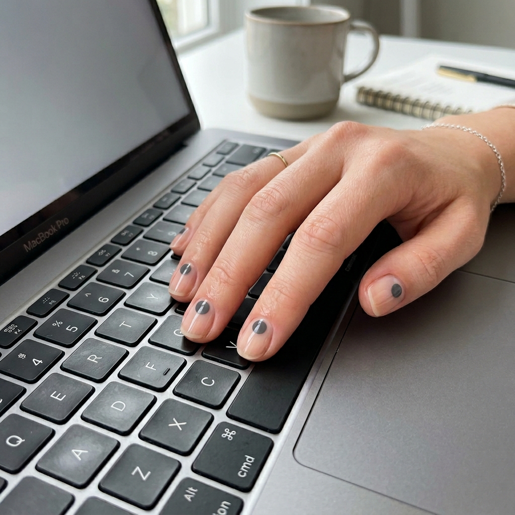 Minimalist charcoal dot spring nail design.