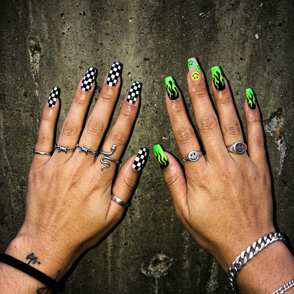 Mismatched indie art designs perfect for when you finally book those nails near me.