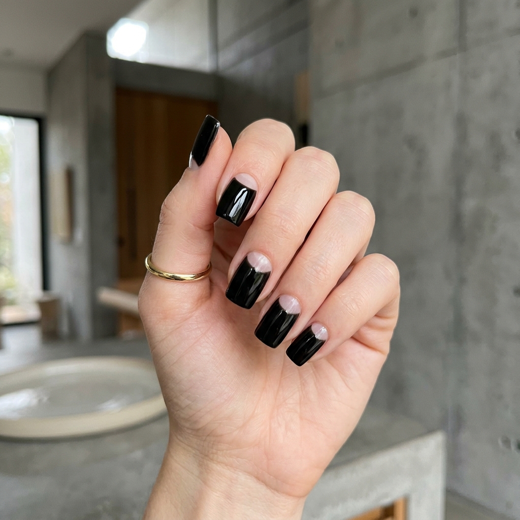 Negative space moon manicure that lasts weeks from your local nails near me.