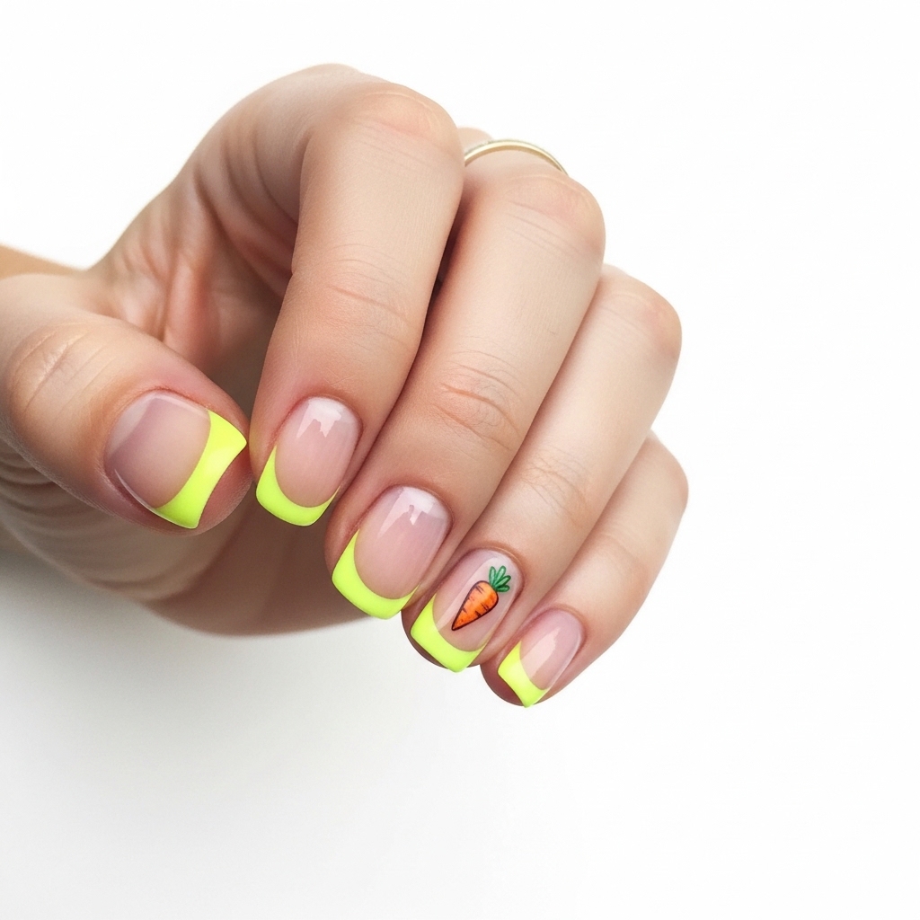 Neon yellow french tip easter nails with a small carrot detail.