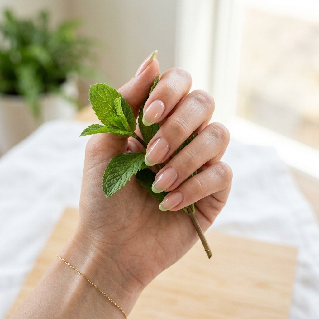 Pistachio green micro-French pastel nail designs.
