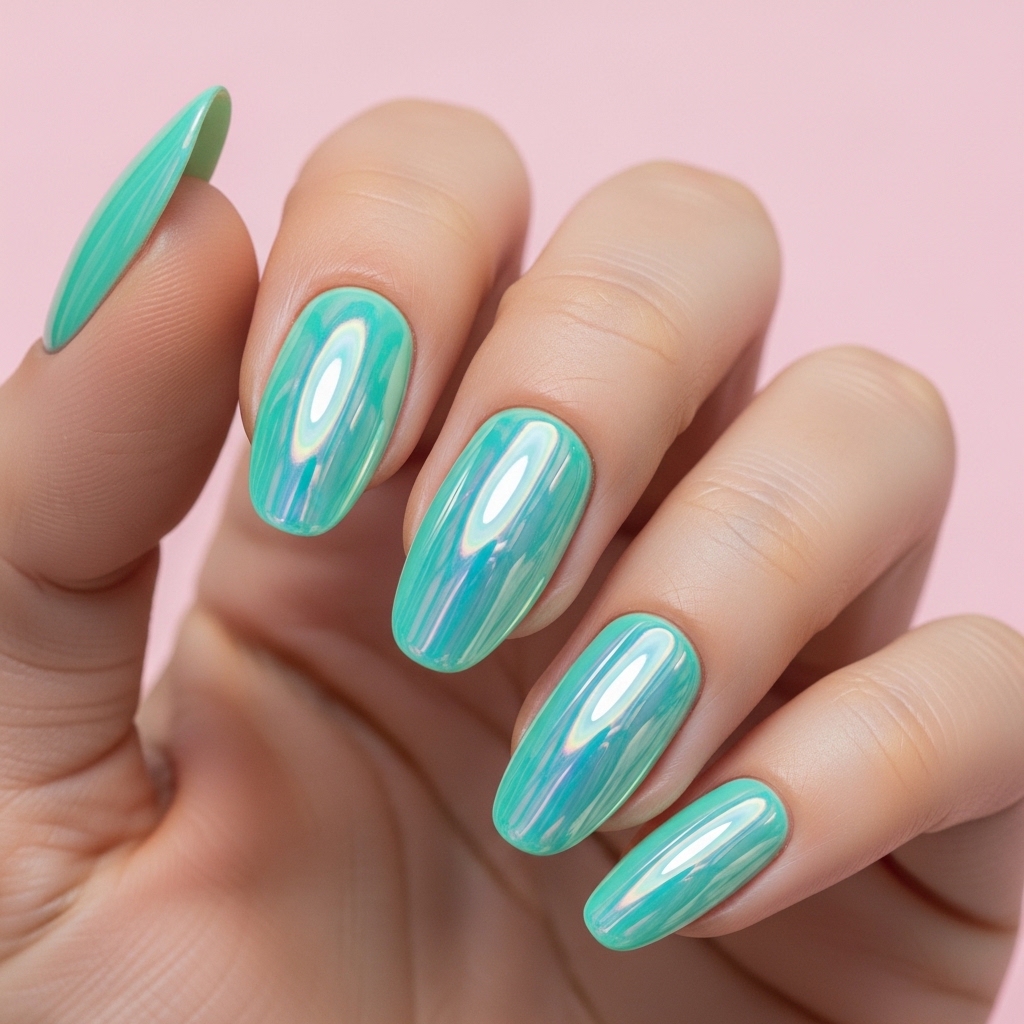 Reflective mint green chrome easter nails with a pearlescent finish.