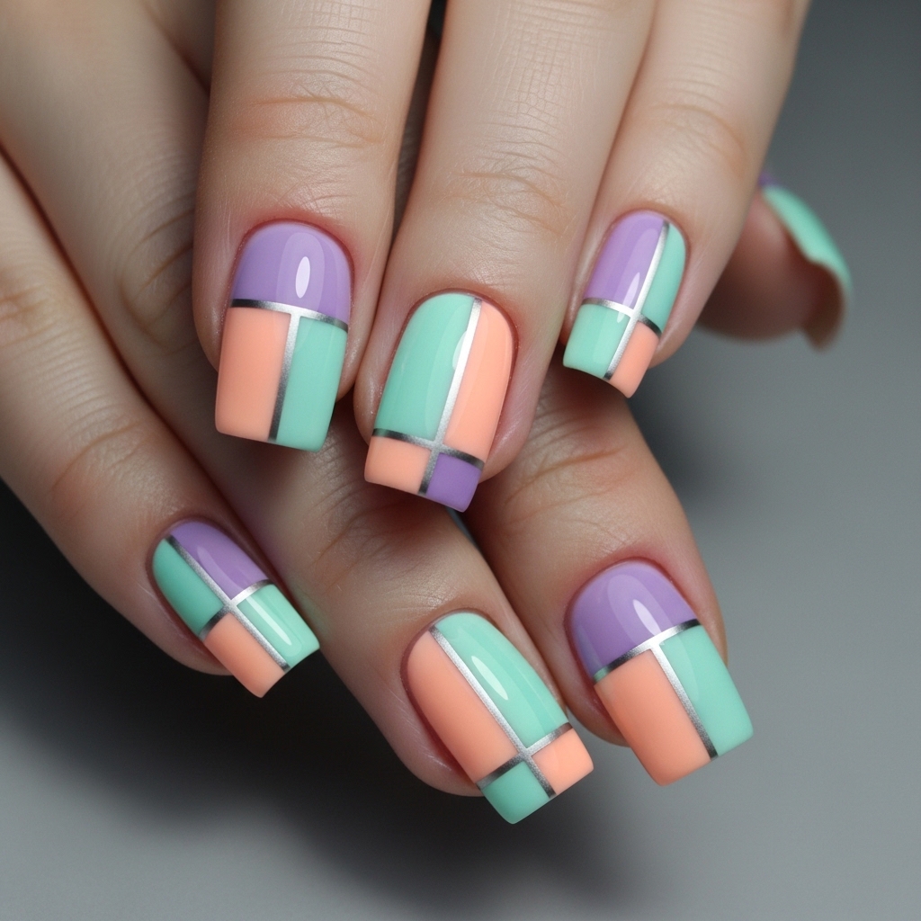 Sharp geometric pastel block easter nails with silver lines.