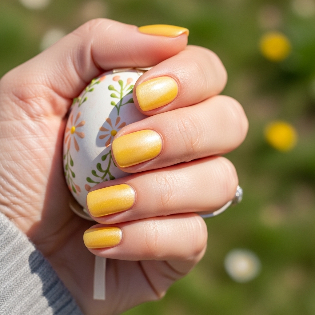 Shimmering pearlescent soft yellow easter nails.