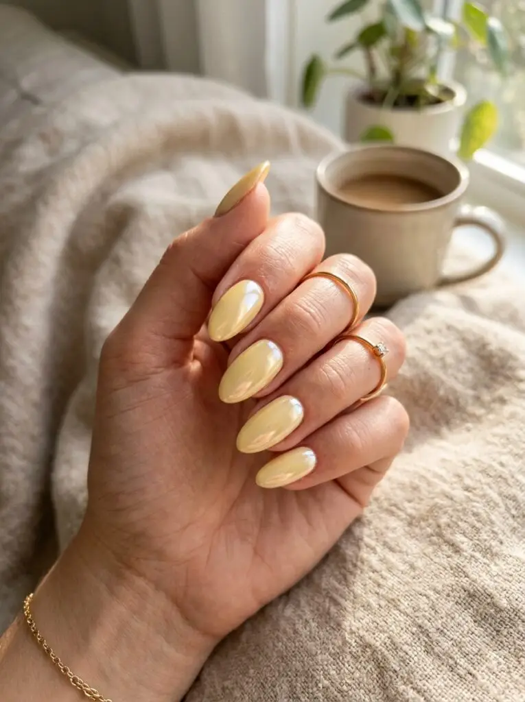 Soft peach nails with an iridescent blue-shifting pearl finish.