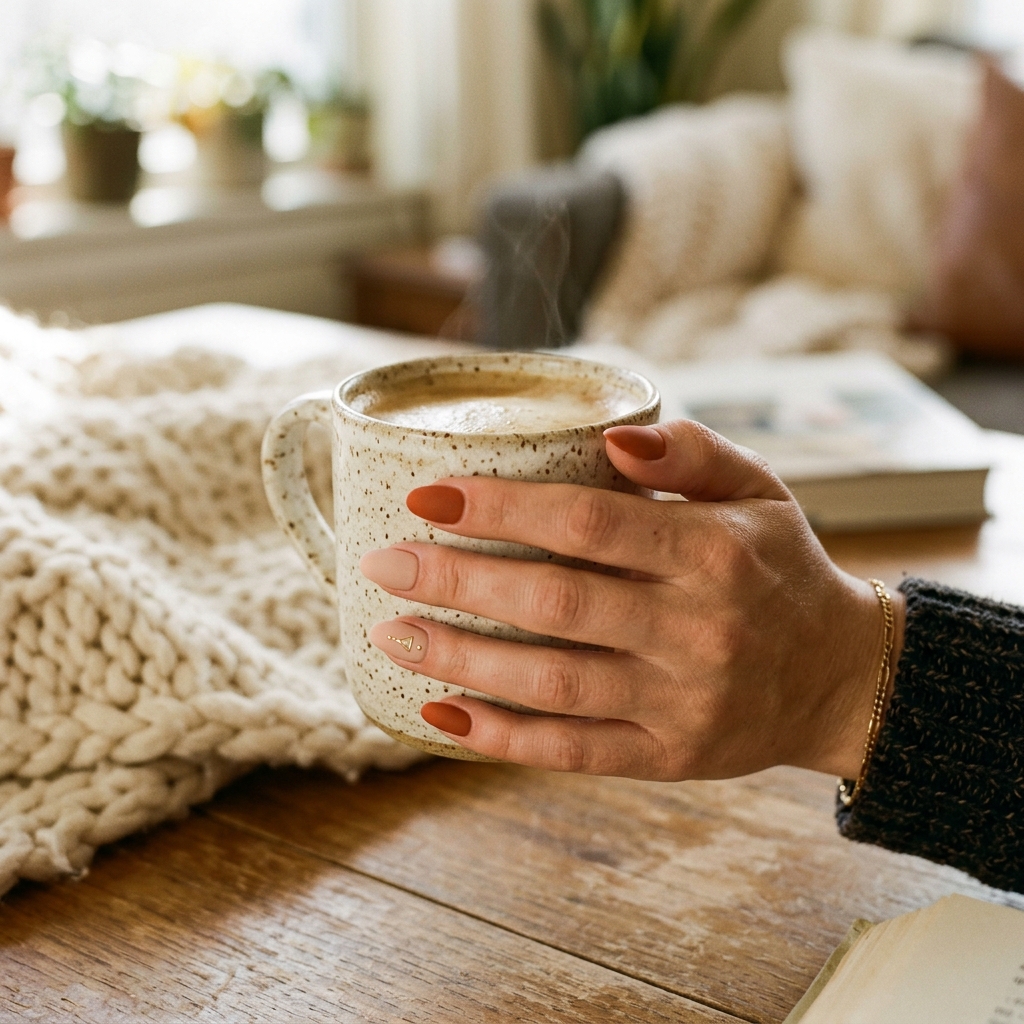 Terracotta orange and nude spring nail art.