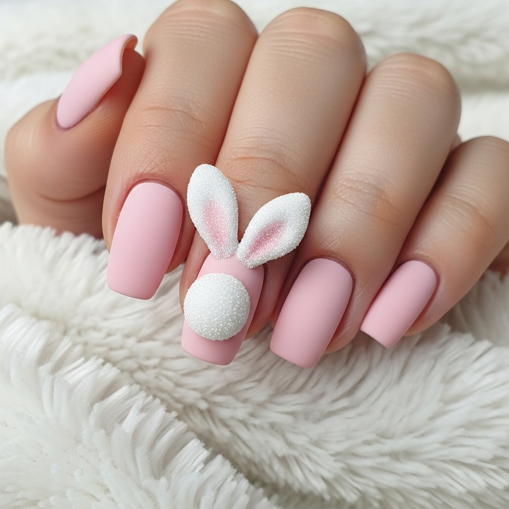 Unique 3D bunny tail easter nails with velvet texture.